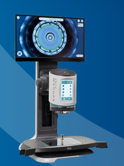 EVO Cam AURA digital microscope on a stand, with a magnified view of a circular component on the attached monitor