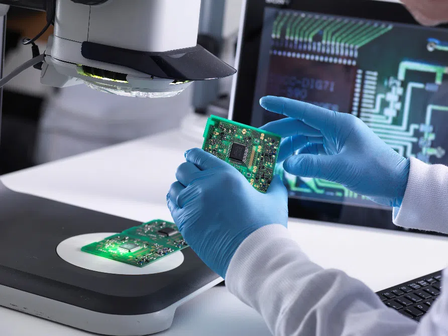 Gloved technician holding a PCB beside an inspection system, with a magnified image of the circuit board on a monitor behind