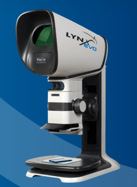 Lynx EVO eyepiece-less stereo microscope with a printed circuit board on its stage