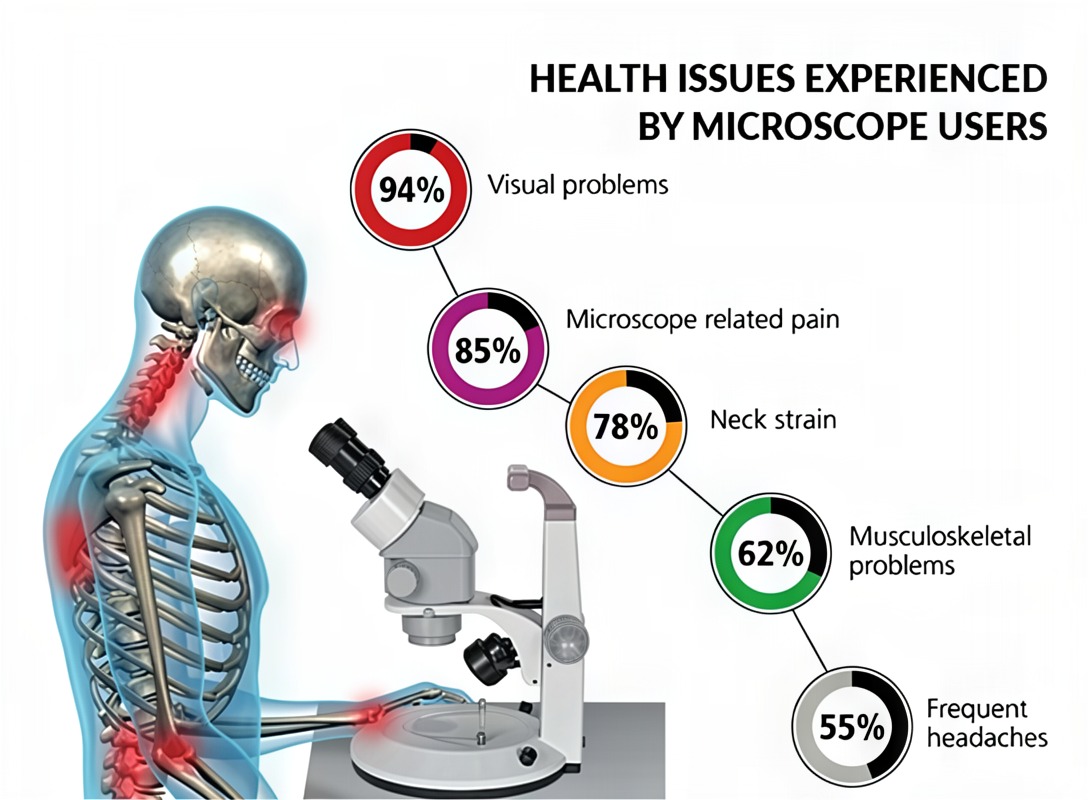 Infographic of health issues experienced by microscope users: visual problems 94%, microscope-related pain 85%, neck strain 78%, musculoskeletal problems 62%, frequent headaches 55%